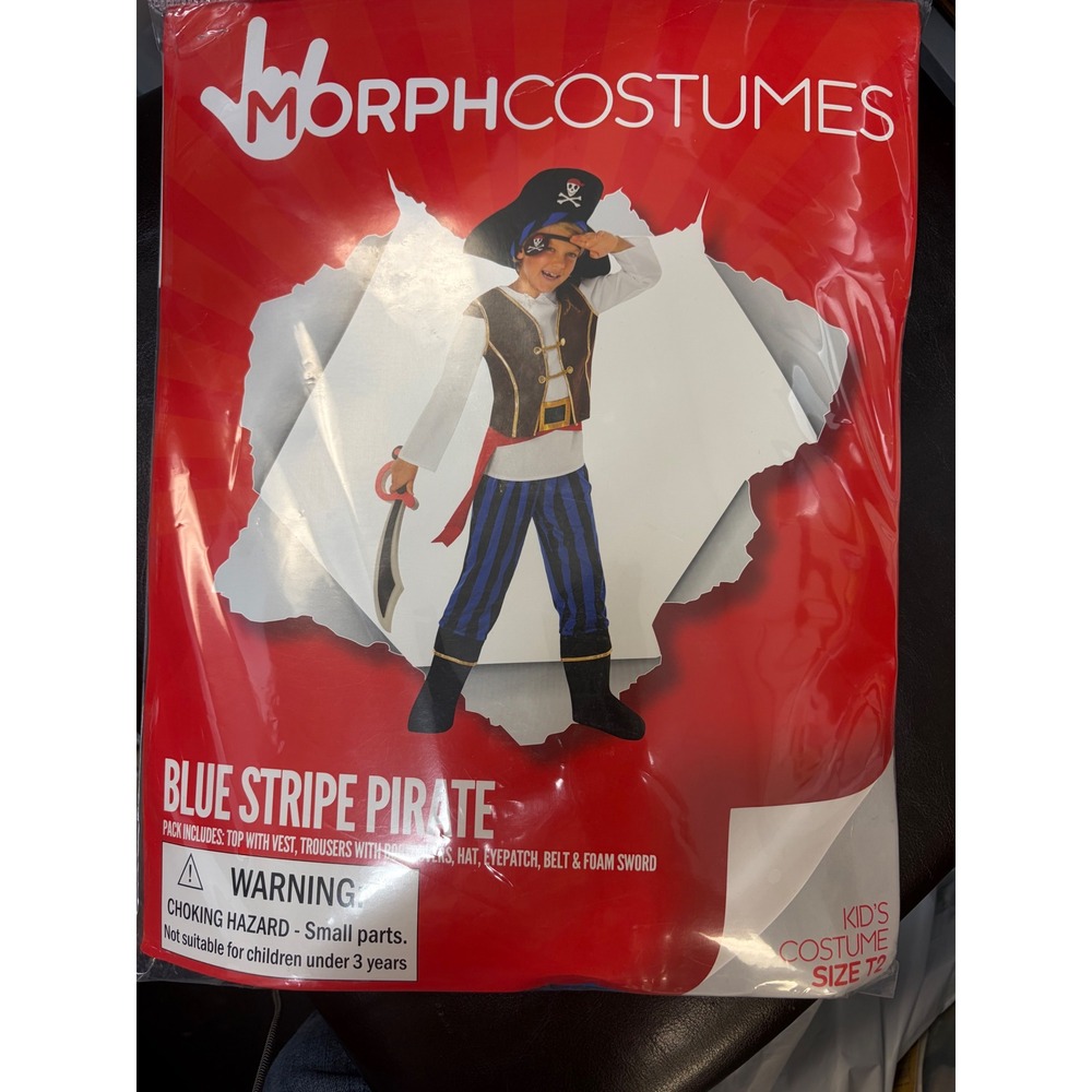 Morph Costumes Blue Stripe Pirate Toddler Costume Size T2 Hat Sword Eyepatch Set